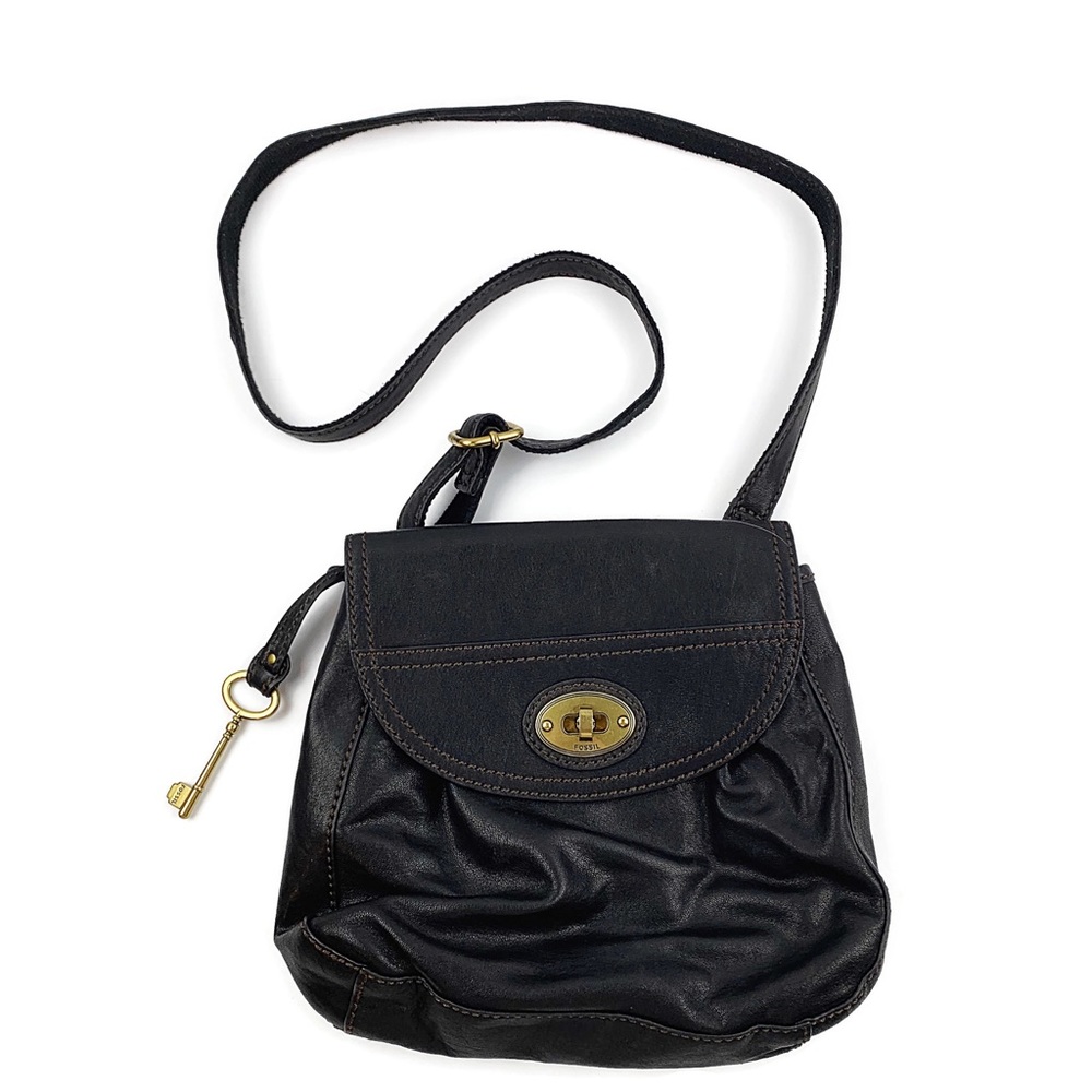 FOSSIL Black Leather Crossbody Gold Key Fob Boho